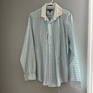 Express men’s button up plaid shirts blue and purple strips on white. Size Large